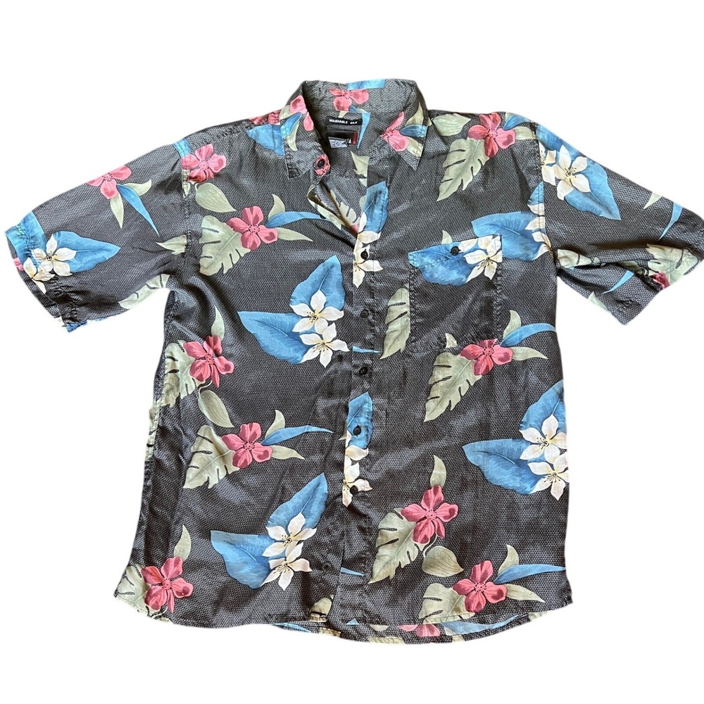 Utopia 90s Vtg‎ Mens Washable Silk Tropical Floral Aloha Shirt Grey Large